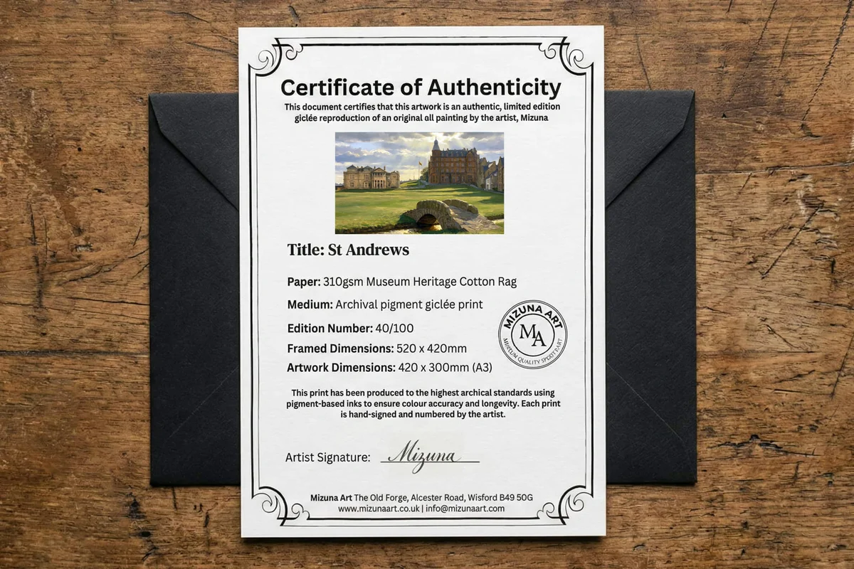 St Andrews certificate of authenticity bearing the Mizuna signature and individual edition number, with its black envelope