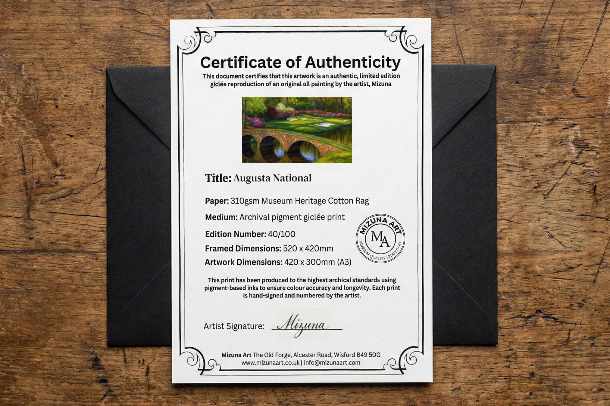 Certificate of authenticity supplied with the Masters Augusta National edition