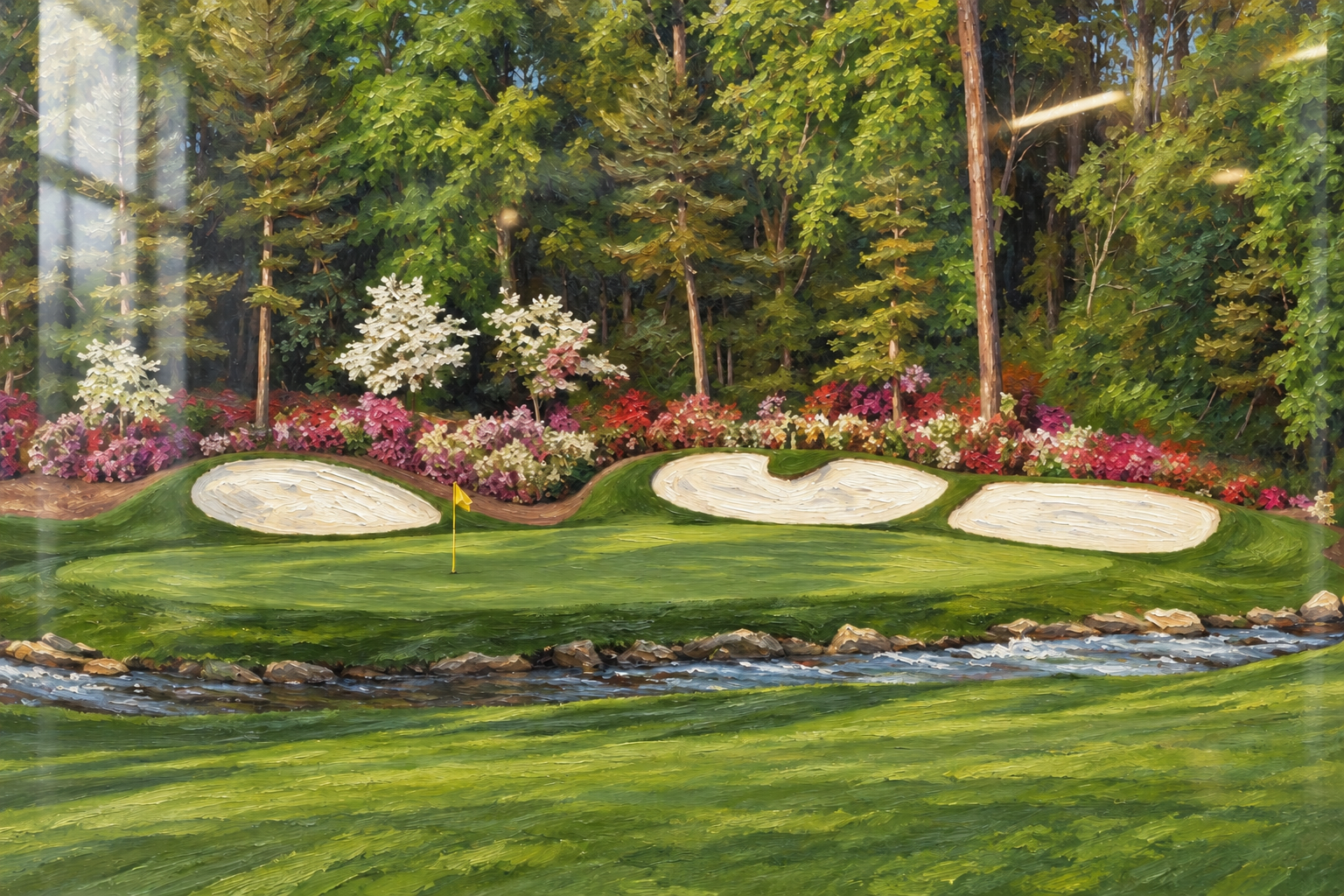 Close-up of Azalea, Hole 13 at Augusta, showing the green, three bunkers, flowering azaleas, pines and Rae’s Creek