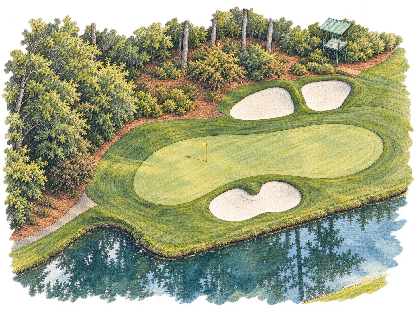 Aerial watercolour study of Golden Bell, Augusta Hole 12, showing the narrow green, three surrounding bunkers and Rae’s Creek
