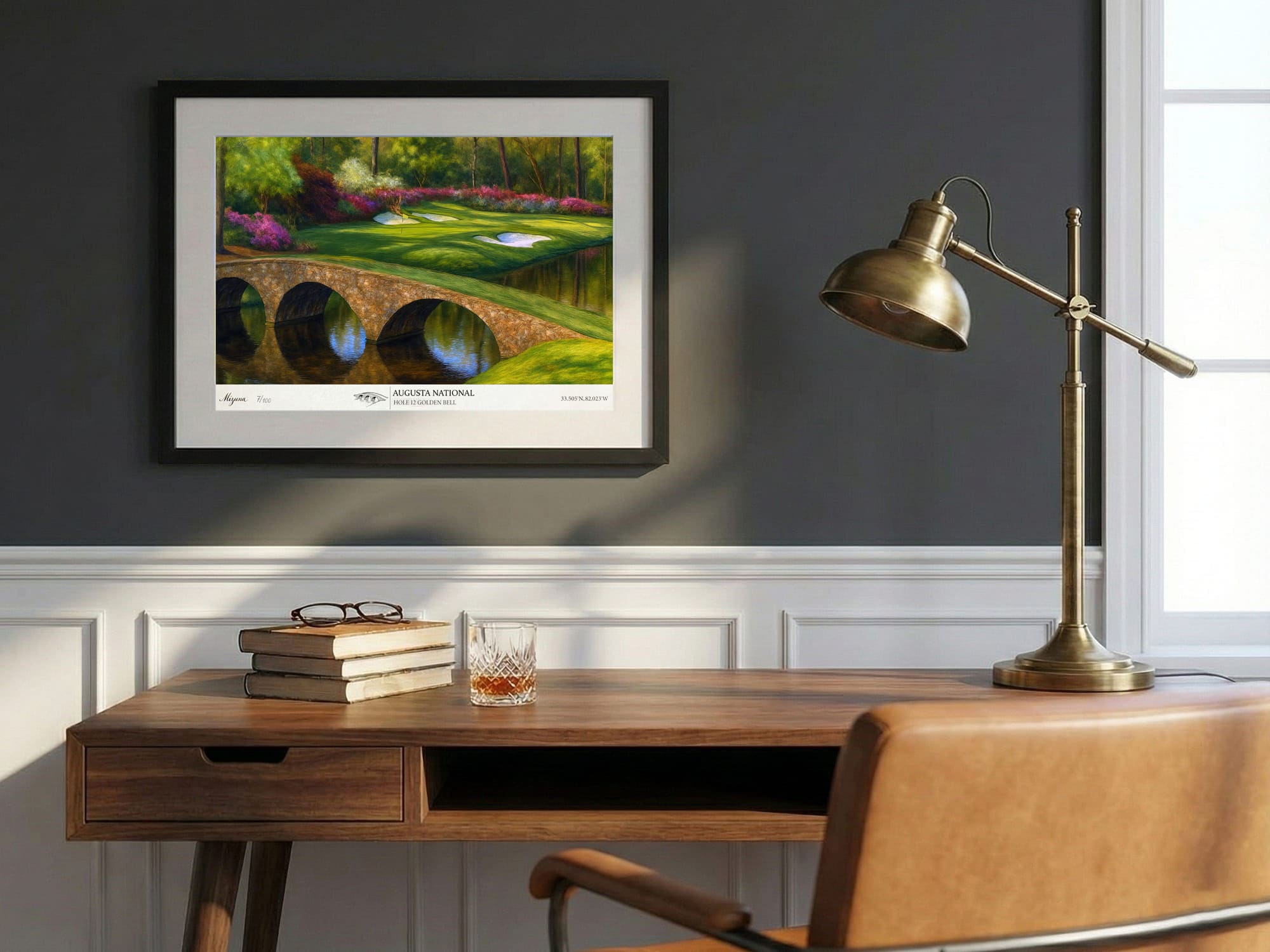 50×40cm medium framed Masters Augusta National edition in a collector's study