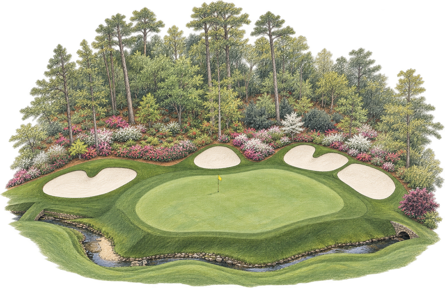 Pencil and watercolour study of Azalea, Hole 13, with its green, surrounding bunkers and Rae’s Creek in the foreground