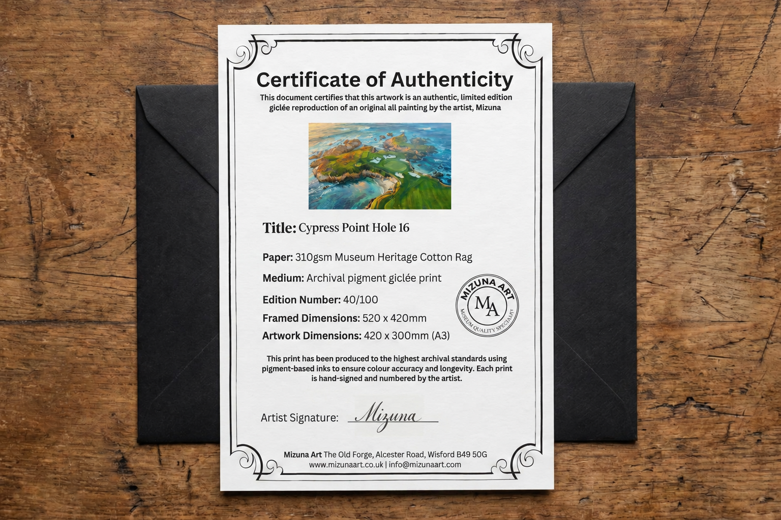 Cypress Point Hole 16 certificate of authenticity