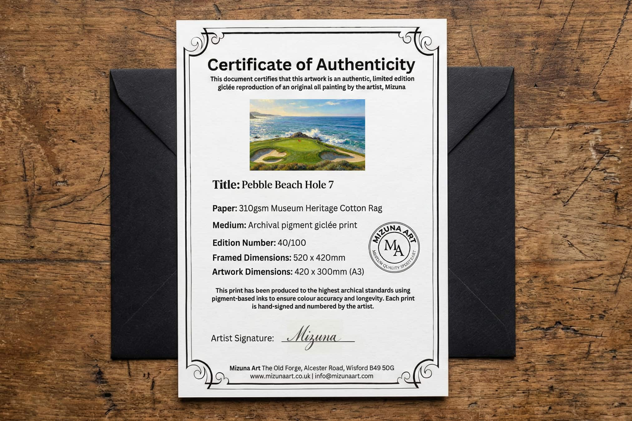 Pebble Beach Hole 7 certificate of authenticity