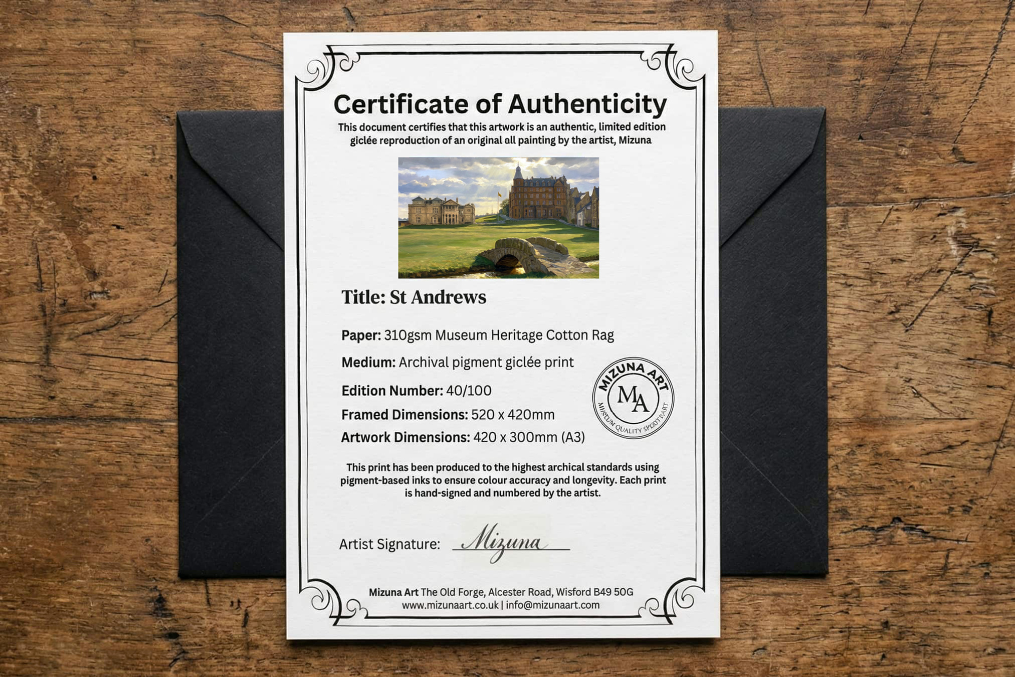St Andrews limited-edition certificate of authenticity