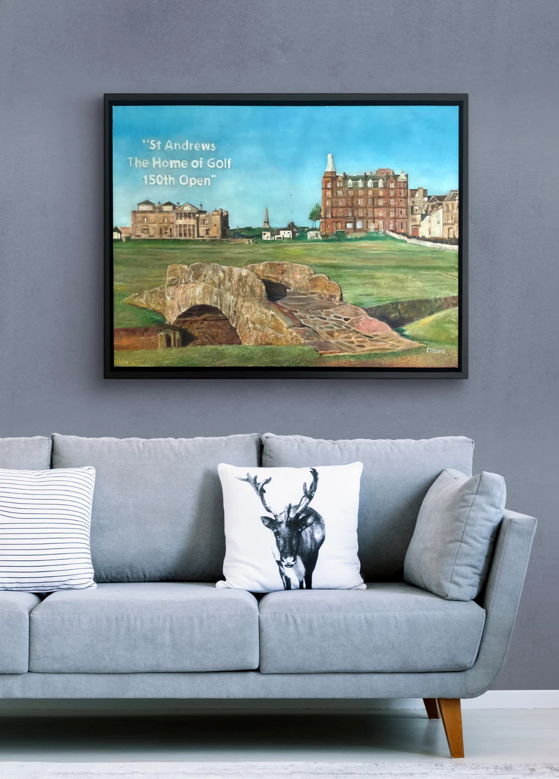 St Andrews 150th Open Original Oil Painting shown in a room