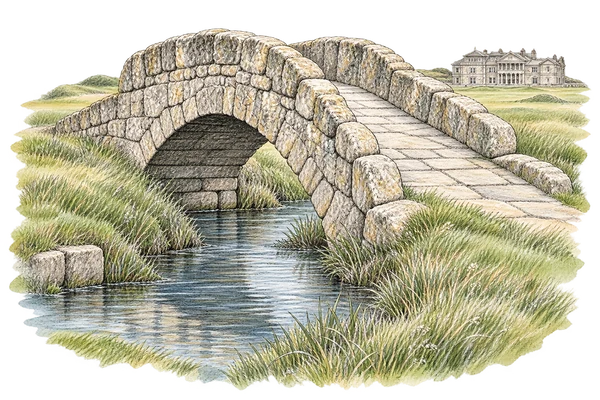 Pencil and watercolour study of the Swilcan Bridge, with the R&A clubhouse beyond on the Old Course